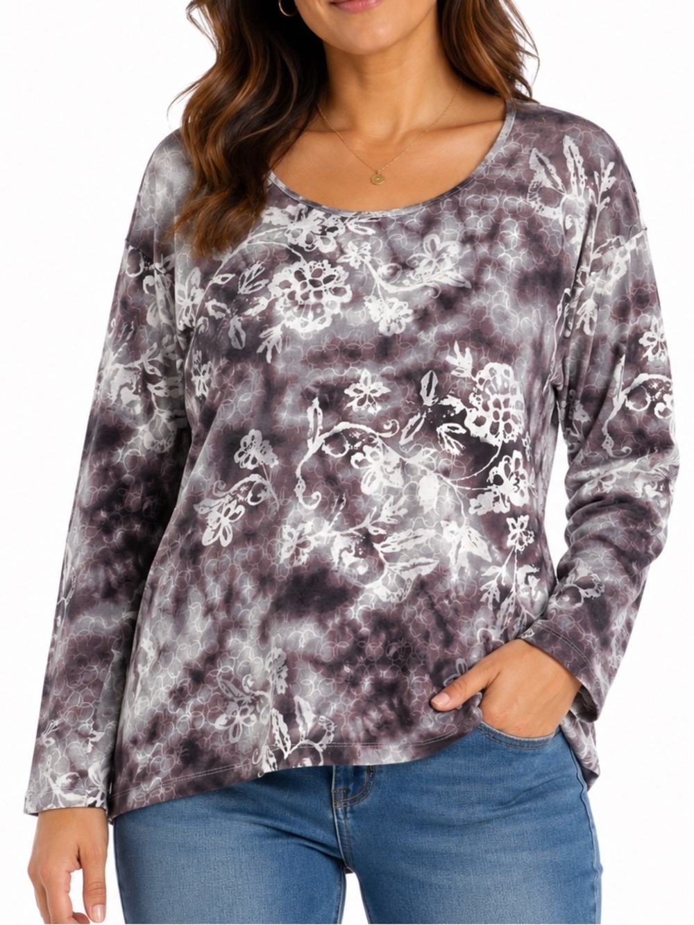 Pure Jill Gray Purple Floral Tie-Dye Long Sleeve Scoop Neck Cotton Top